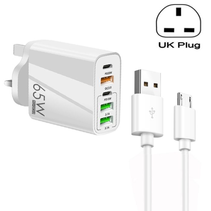 65W Dual PD Type-C + 3 x USB Multi Port Charger with 3A USB to Micro USB Data Cable, UK Plug, UK Plug + USB to Micro USB Cable