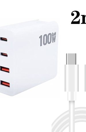 GaN 100W Dual USB + Dual USB-C/Type-C Multi Port Charger with 2m Type-C to Type-C Data Cable Set, US Plug, US / EU Plug, US / UK Plug, US / AU Plug, US / EU / UK Plug, US / EU / UK / AU Plug