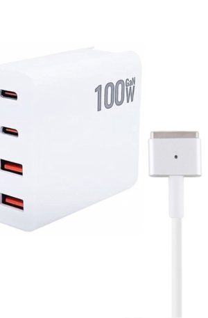 GaN 100W Dual USB-C/Type-C + Dual USB Multi Port Charger with  1.8m Type-C to MagSafe 2 / T Header Data Cable, US Plug, US / EU Plug, US / UK Plug, US / AU Plug, US / EU / UK Plug, US  / EU / UK / AU Plug