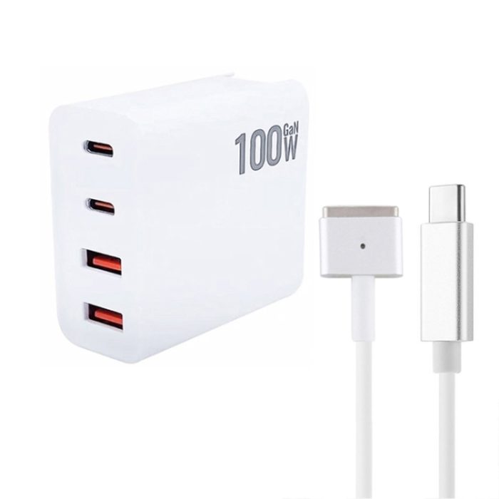 GaN 100W Dual USB-C/Type-C + Dual USB Multi Port Charger with  1.8m Type-C to MagSafe 2 / T Header Data Cable, US Plug, US / EU Plug, US / UK Plug, US / AU Plug, US / EU / UK Plug, US  / EU / UK / AU Plug