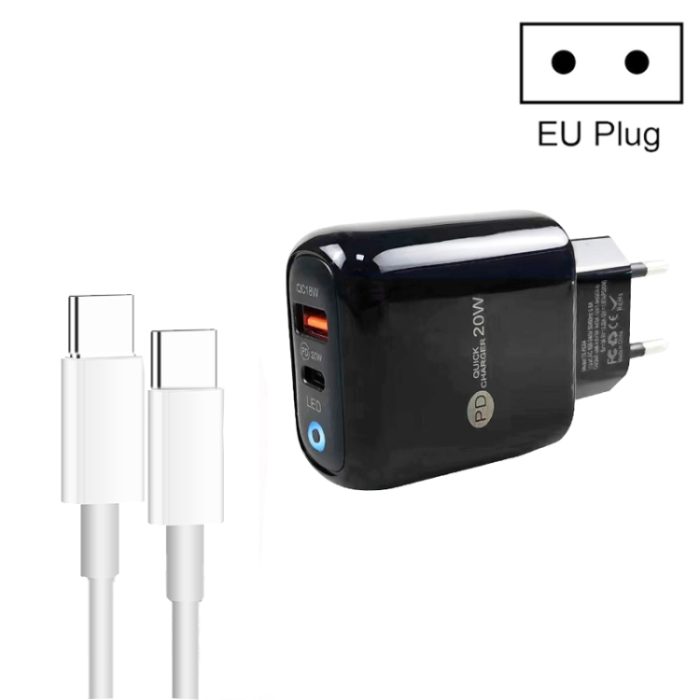 PD04 Type-C + USB Mobile Phone Charger with Type-C to Type-C Cable, EU Plug, EU Plug + Type-C to Type-C Cable