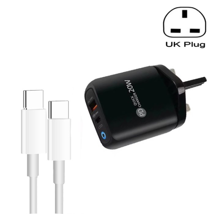 PD04 Type-C + USB Mobile Phone Charger with Type-C to Type-C Cable, UK Plug, UK Plug + Type-C to Type-C Cable