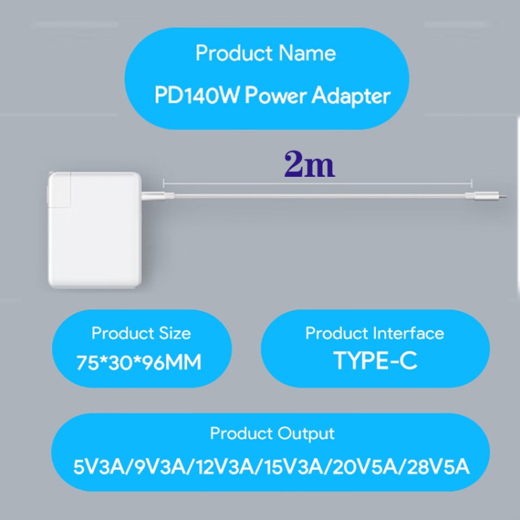 PD3.1 140W USB-C PD Laptop Power Adapter + 2m 5A USB-C to USB-C Data Cable, EU Plug, US Plug, AU Plug, UK Plug 6 PD3.1 140W USB-C PD Laptop Power Adapter + 2m 5A USB-C to USB-C Data Cable, EU Plug, US Plug, AU Plug, UK Plug - Image 6