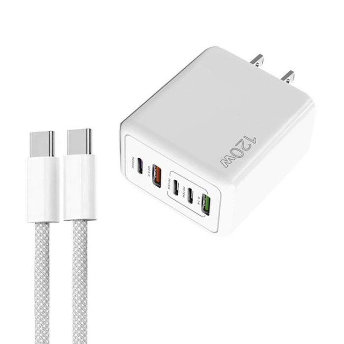 120W PD3.0 3 Type-C 2 USB Multi Port Quick Charger with Type-C to Type-C Cable, US Plug, US Plug + C to C Cable