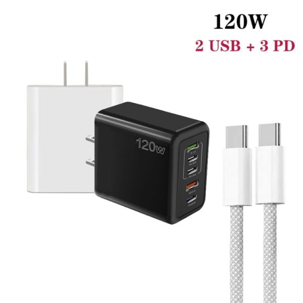 SYA0026890_B1.jpg 120W PD3.0 3 Type-C 2 USB Multi Port Quick Charger with Type-C to Type-C Cable, US Plug, US Plug + C to C Cable