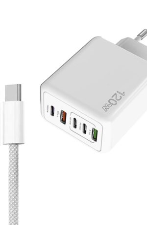 120W PD3.0 3 Type-C 2 USB Multi Port Quick Charger with Type-C to Type-C Cable, EU Plug, EU Plug + C to C Cable