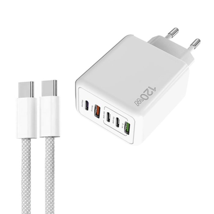 120W PD3.0 3 Type-C 2 USB Multi Port Quick Charger with Type-C to Type-C Cable, EU Plug, EU Plug + C to C Cable