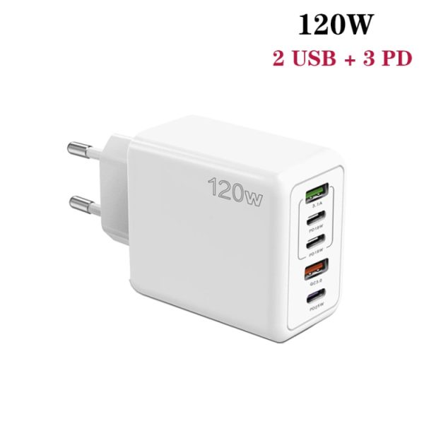 SYA002689101A_1.jpg 120W PD3.0 3 Type-C 2 USB Multi Port Quick Charger with Type-C to Type-C Cable, EU Plug, EU Plug + C to C Cable