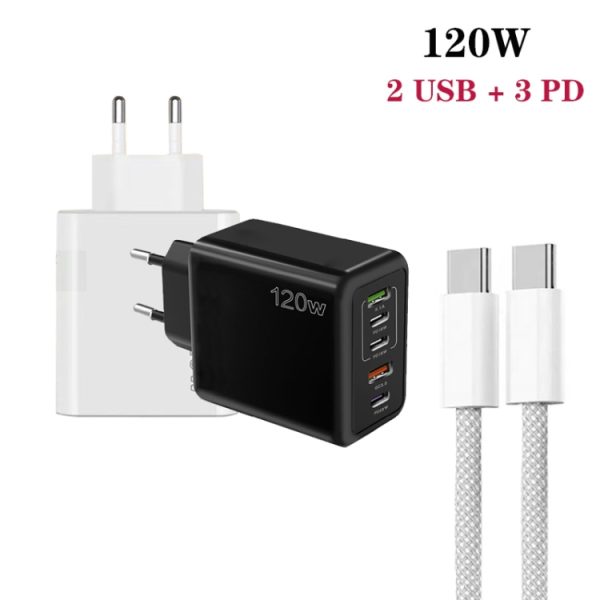 SYA0026891_B1.jpg 120W PD3.0 3 Type-C 2 USB Multi Port Quick Charger with Type-C to Type-C Cable, EU Plug, EU Plug + C to C Cable