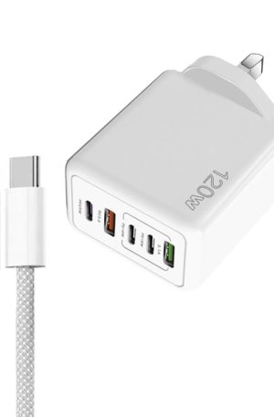 120W PD3.0 3 Type-C 2 USB Multi Port Quick Charger with Type-C to Type-C Cable, UK Plug, UK Plug + C to C Cable