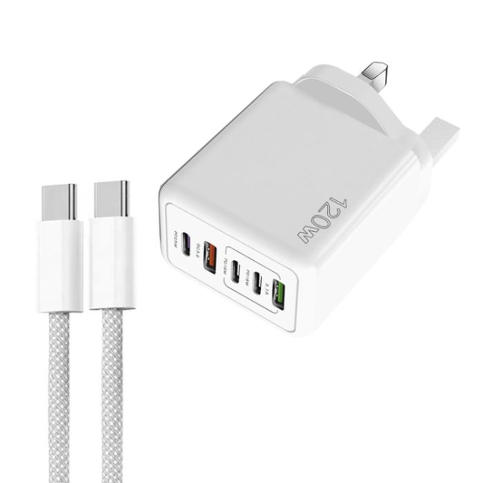 120W PD3.0 3 Type-C 2 USB Multi Port Quick Charger with Type-C to Type-C Cable, UK Plug, UK Plug + C to C Cable