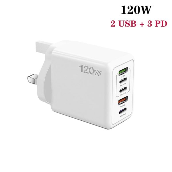SYA002689201A_1.jpg 120W PD3.0 3 Type-C 2 USB Multi Port Quick Charger with Type-C to Type-C Cable, UK Plug, UK Plug + C to C Cable