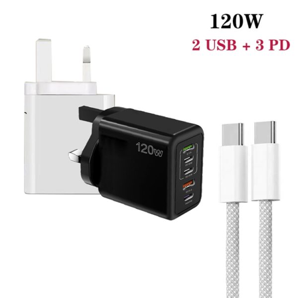 SYA0026892_B1.jpg 120W PD3.0 3 Type-C 2 USB Multi Port Quick Charger with Type-C to Type-C Cable, UK Plug, UK Plug + C to C Cable
