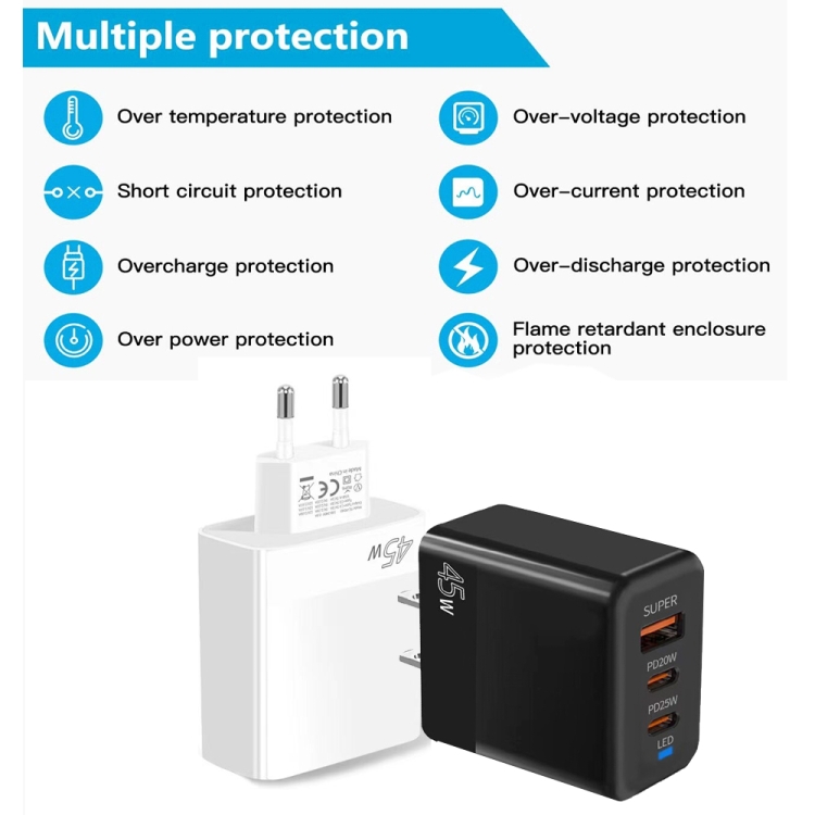 45W PD3.0 / PPS Type-C + QC3.0 USB Fully Compatible Protocol Charger, EU Plug, PD3.0 / PPS Type-C + QC3.0 USB(EU Plug) 4 45W PD3.0 / PPS Type-C + QC3.0 USB Fully Compatible Protocol Charger, EU Plug, PD3.0 / PPS Type-C + QC3.0 USB(EU Plug) - Image 4