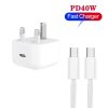 A3365 PD40W USB-C / Type-C Charger with Type-C to Type-C Data Cable, UK Plug, UK Plug + 1m Type-C Cable, UK Plug + 2m Type-C Cable