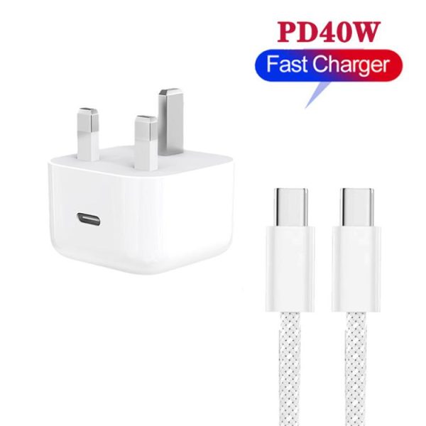 A3365 PD40W USB-C / Type-C Charger with Type-C to Type-C Data Cable, UK Plug, UK Plug + 1m Type-C Cable, UK Plug + 2m Type-C Cable