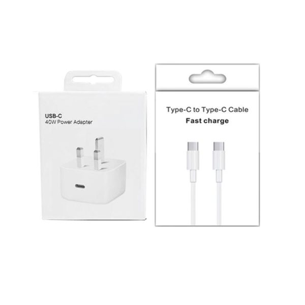 A3365 PD40W USB-C / Type-C Charger with Type-C to Type-C Data Cable, UK Plug, UK Plug + 1m Type-C Cable, UK Plug + 2m Type-C Cable