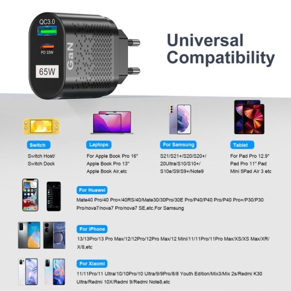 TBD06038264_B7.jpg 65W GaN Mobile Phone Charger PD Fast Charge Computer Adapter, Black EU Plug, Black UK Plug, Black US Plug, Black AU Plug, Black KR Plug, White EU Plug, White UK Plug, White US Plug, White AU Plug, White KR Plug