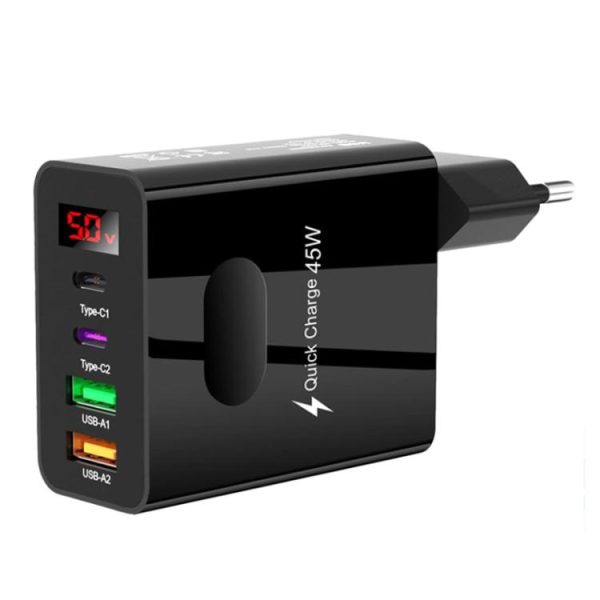 TBD0605804701-1.jpg 2 USB+2 Type-C Digital Display Mobile Phone Multi-port Charger, EU Plug Black, US Plug Black, UK Plug Black, EU Plug White, US Plug White, UK Plug White