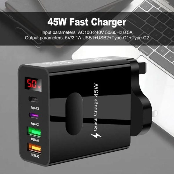 TBD06058047_B4.jpg 2 USB+2 Type-C Digital Display Mobile Phone Multi-port Charger, EU Plug Black, US Plug Black, UK Plug Black, EU Plug White, US Plug White, UK Plug White
