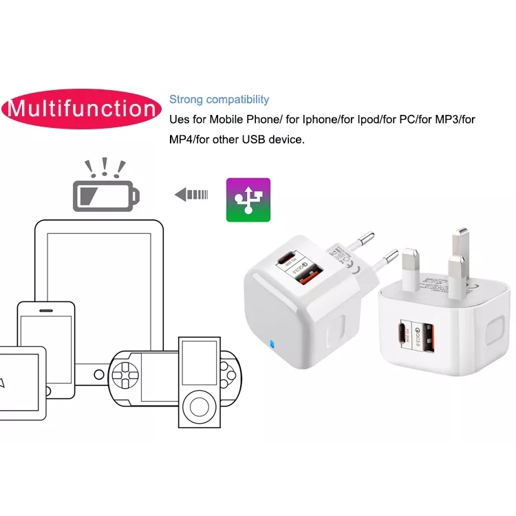 20W PD + QC 3.0 Dual Ports Travel Charger Power Adapter,, US Plug, EU Plug, UK Plug 6 20W PD + QC 3.0 Dual Ports Travel Charger Power Adapter,, US Plug, EU Plug, UK Plug - Image 6