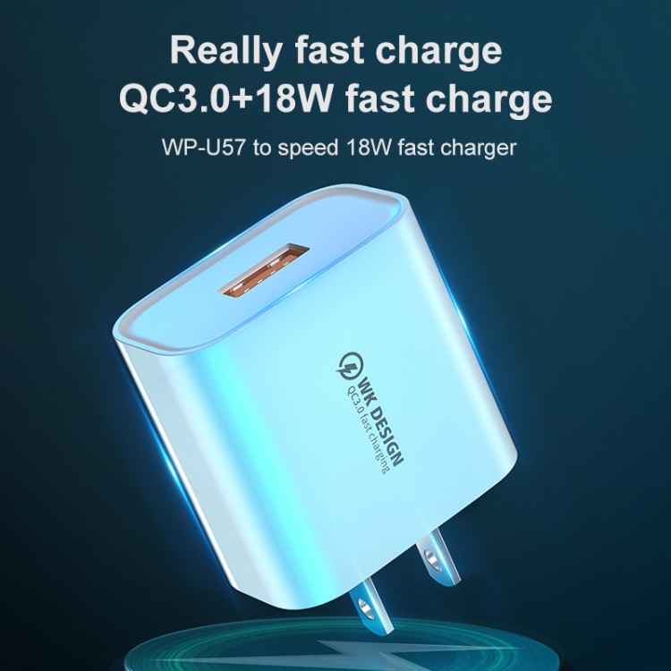 WK WP-U57 18W Speed QC3.0 Fast Charger + USB to Type-C / USB-C Data Cable, US Plug, EU Plug, UK Plug 5 WK WP-U57 18W Speed QC3.0 Fast Charger + USB to Type-C / USB-C Data Cable, US Plug, EU Plug, UK Plug - Image 5