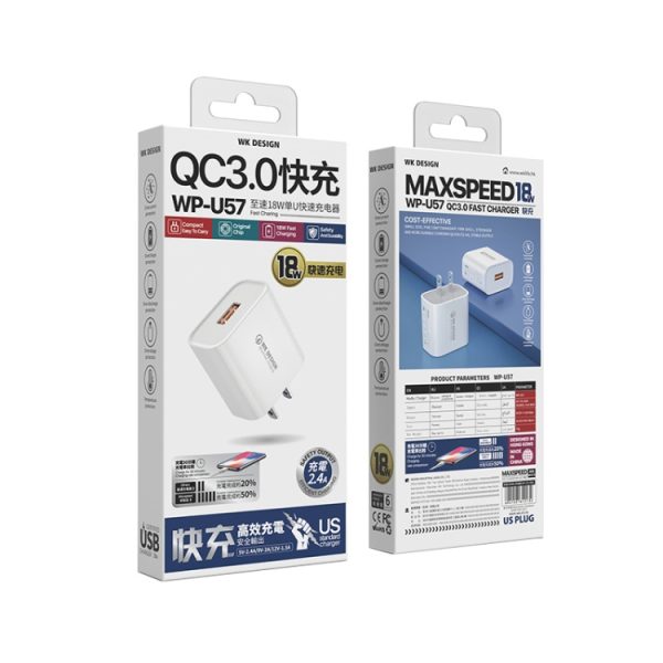 EDA001350201_2.jpg WK WP-U57 Max 18W Maxspeed QC3.0 Fast Charger + USB to Micro USB Data Cable, US Plug, EU Plug, UK Plug