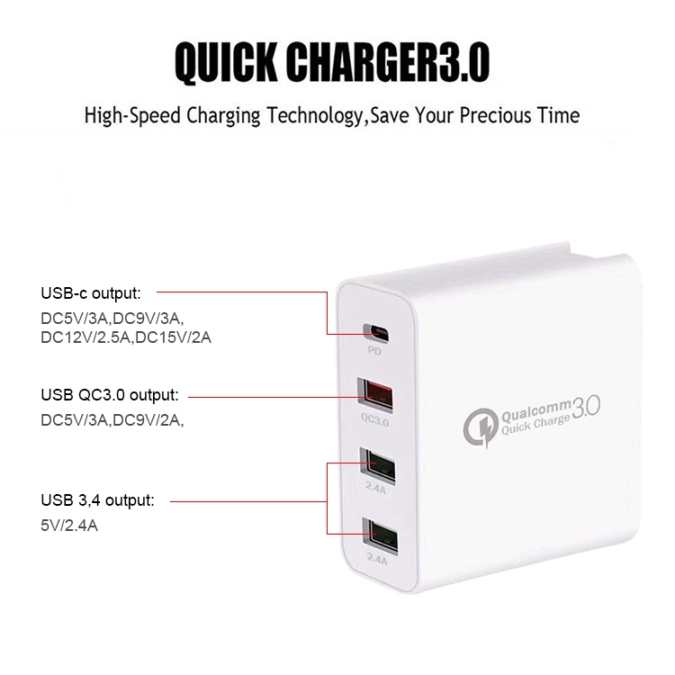 A3 PD 18W USB-C / Type-C + QC3.0 USB + Dual USB Interface Travel Charger, US Plug, EU Plug, UK Plug 4 A3 PD 18W USB-C / Type-C + QC3.0 USB + Dual USB Interface Travel Charger, US Plug, EU Plug, UK Plug - Image 4