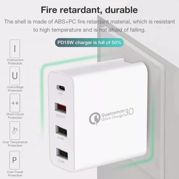 EDA00249401_4.jpg A3 PD 18W USB-C / Type-C + QC3.0 USB + Dual USB Interface Travel Charger, US Plug, EU Plug, UK Plug