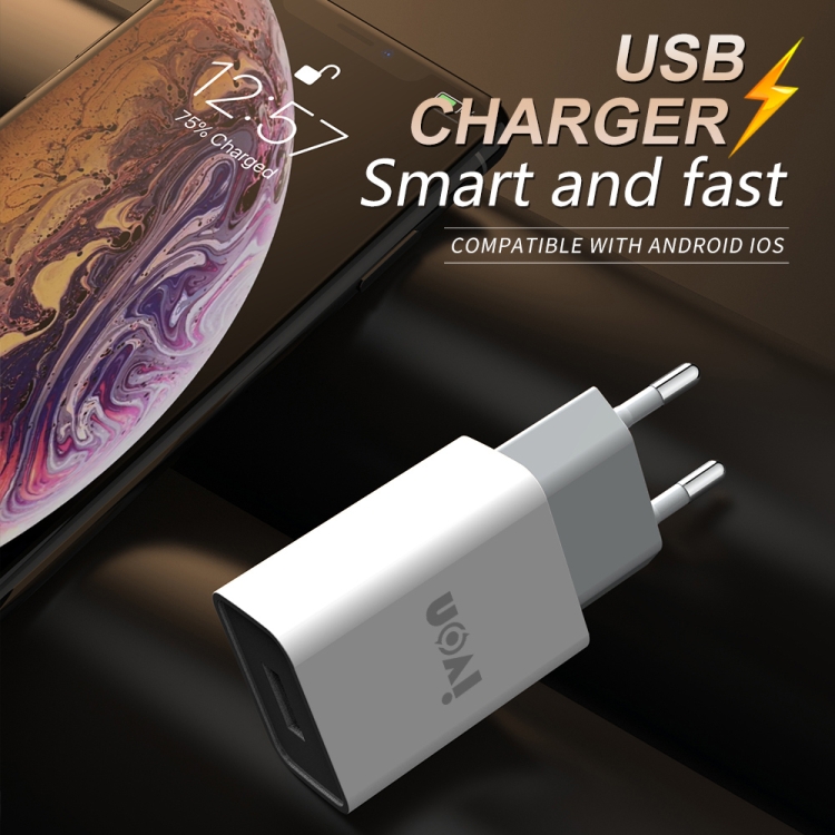 IVON AD-33 2 in 1 2.1A Single USB Port Travel Charger + 1m USB to 8 Pin Data Cable Set,, EU Plug, US Plug 3 IVON AD-33 2 in 1 2.1A Single USB Port Travel Charger + 1m USB to 8 Pin Data Cable Set,, EU Plug, US Plug - Image 3