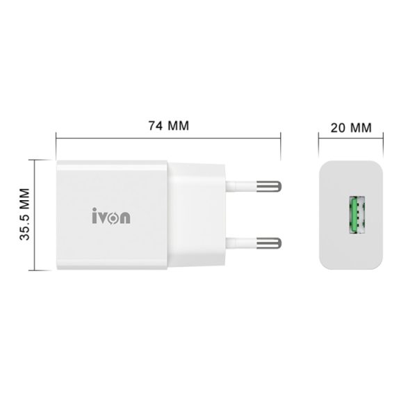 IVON AD-35 2 in 1 18W QC3.0 USB Port Travel Charger + 1m USB to 8 Pin Data Cable Set,, EU Plug, US Plug