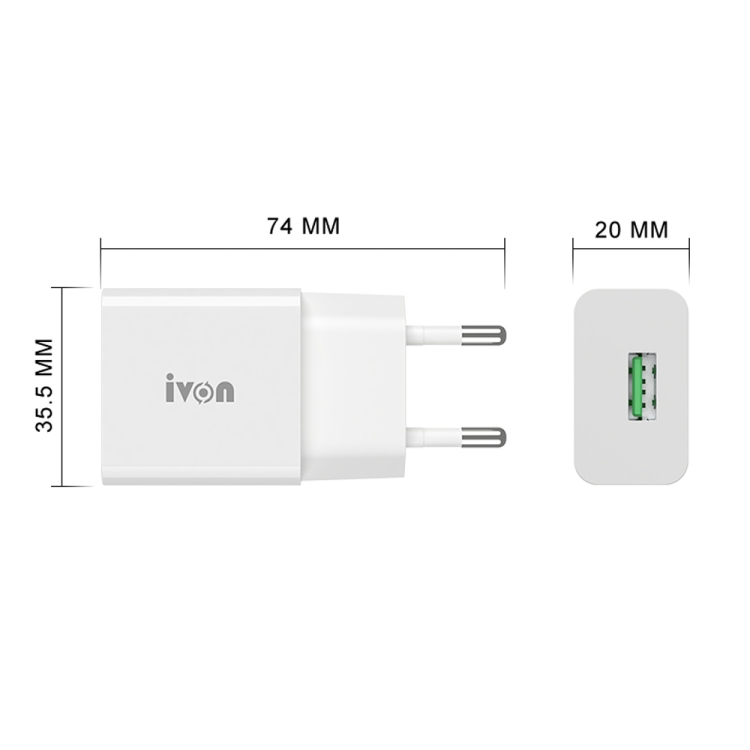 IVON AD-35 2 in 1 18W QC3.0 USB Port Travel Charger + 1m USB to 8 Pin Data Cable Set,, EU Plug, US Plug 2 IVON AD-35 2 in 1 18W QC3.0 USB Port Travel Charger + 1m USB to 8 Pin Data Cable Set,, EU Plug, US Plug - Image 2