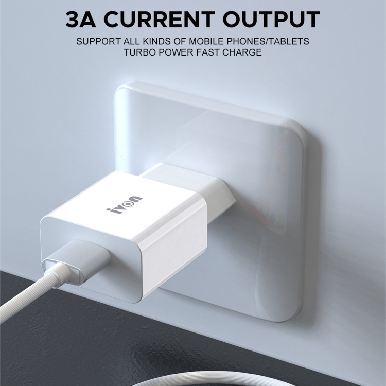 IVON AD-35 2 in 1 18W QC3.0 USB Port Travel Charger + 1m USB to 8 Pin Data Cable Set,, EU Plug, US Plug 7 IVON AD-35 2 in 1 18W QC3.0 USB Port Travel Charger + 1m USB to 8 Pin Data Cable Set,, EU Plug, US Plug - Image 7