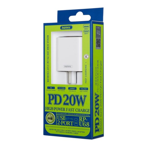 EDA003465301_B7.jpg REMAX RP-U68 Speedy Series 20W USB+USB-C/Type-C Interface Fast Charger, CN Plug, EU Plug, UK Plug, US Plug