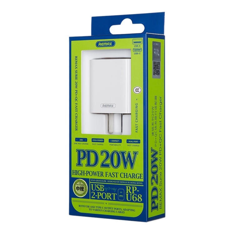 REMAX RP-U68 Speedy Series 20W USB+USB-C/Type-C Interface Fast Charger, CN Plug, EU Plug, UK Plug, US Plug 8 REMAX RP-U68 Speedy Series 20W USB+USB-C/Type-C Interface Fast Charger, CN Plug, EU Plug, UK Plug, US Plug - Image 8