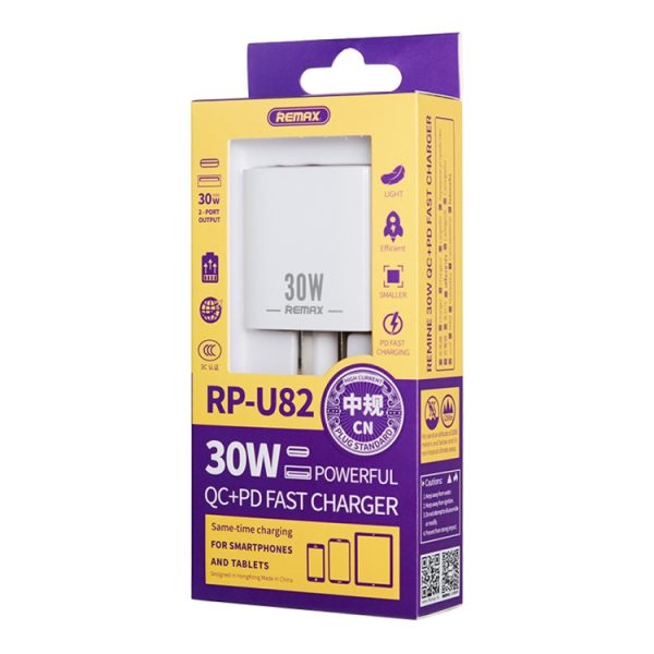 EDA003466501_B7.jpg REMAX RP-U82 30W USB+USB-C/Type-C Dual Interface Fast Charger, CN Plug, EU Plug, UK Plug, US Plug