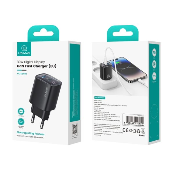 EDA0065966_B7.jpg USAMS CC229 30W USB+USB-C / Type-C Dual Port GaN Digital Display Charger, Spe...