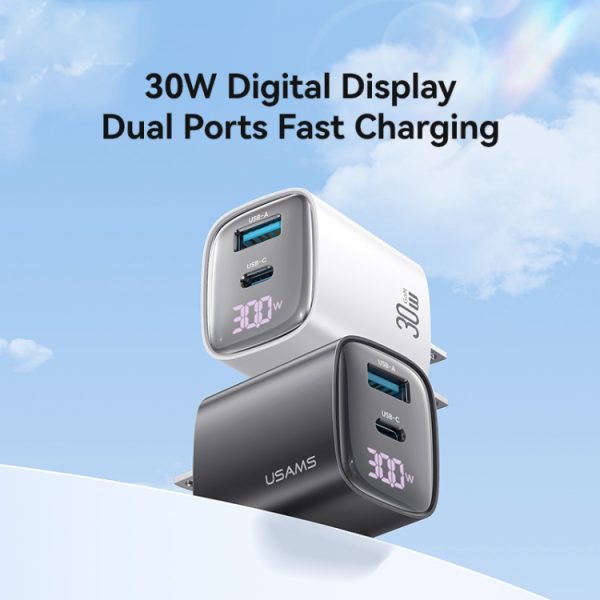 EDA0065967_B1.jpg USAMS CC230 30W USB+USB-C / Type-C Dual Port GaN Digital Display Charger, Spe...