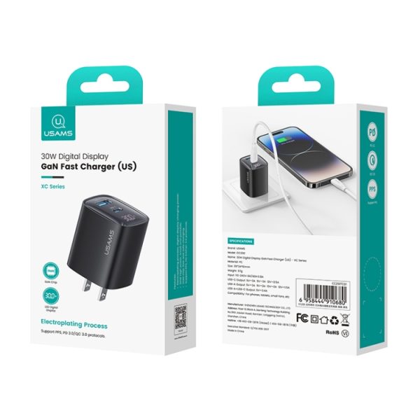 EDA0065967_B7.jpg USAMS CC230 30W USB+USB-C / Type-C Dual Port GaN Digital Display Charger, Spe...