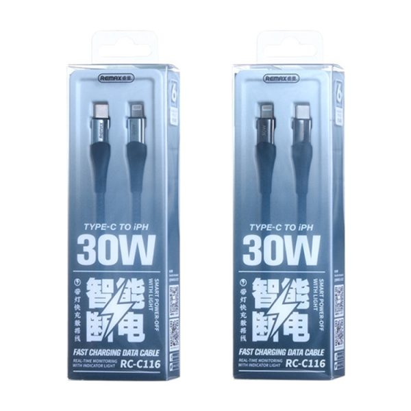 EDA0067116_B2.jpg REMAX RC-C116 1.2m 30W Type-C to 8 Pin Smart Power-off Fast Charging Data Cable, Type-C to 8 Pin