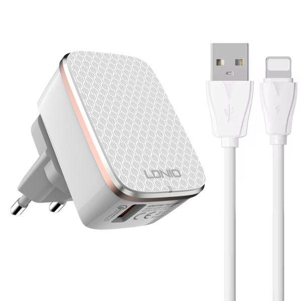 LDNIO A1204Q QC3.0 18W USB Fast Charger with 1m USB to 8 Pin Cable, EU Plug, ...
