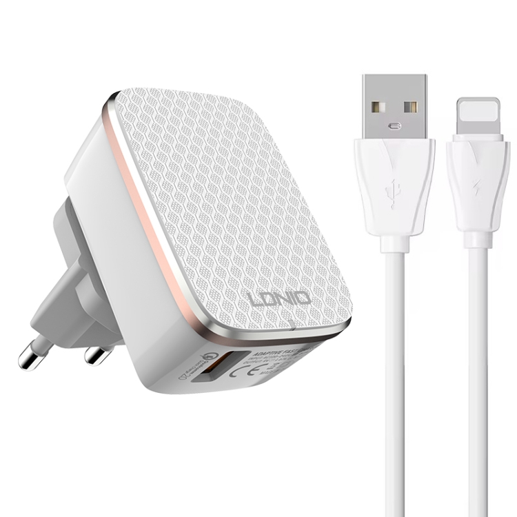 LDNIO A1204Q QC3.0 18W USB Fast Charger with 1m USB to 8 Pin Cable, EU Plug, UK Plug, US Plug 1 LDNIO A1204Q QC3.0 18W USB Fast Charger with 1m USB to 8 Pin Cable, EU Plug, UK Plug, US Plug