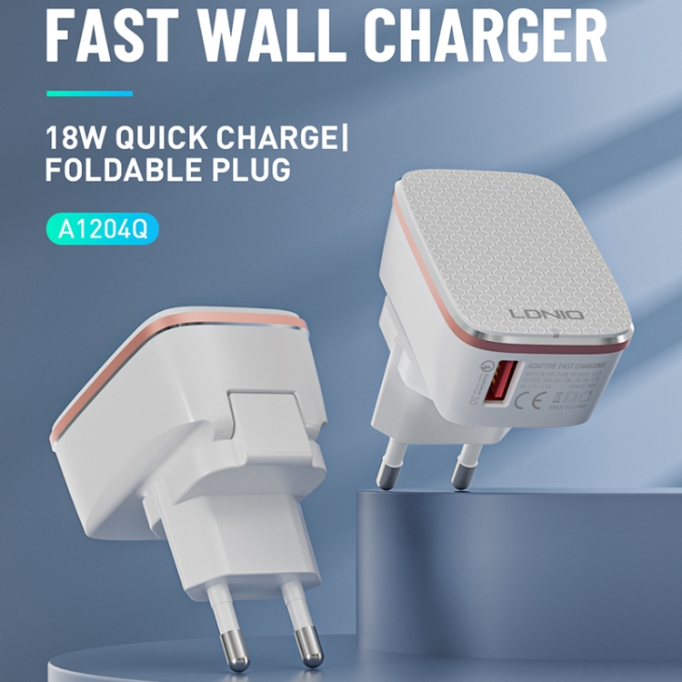 LDNIO A1204Q QC3.0 18W USB Fast Charger with 1m USB to 8 Pin Cable, EU Plug, UK Plug, US Plug 3 LDNIO A1204Q QC3.0 18W USB Fast Charger with 1m USB to 8 Pin Cable, EU Plug, UK Plug, US Plug - Image 3