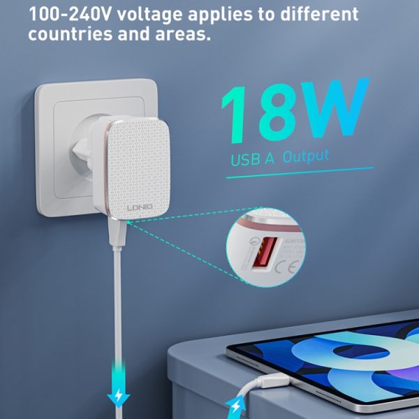 LDNIO A1204Q QC3.0 18W USB Fast Charger with 1m USB to 8 Pin Cable, EU Plug, ...