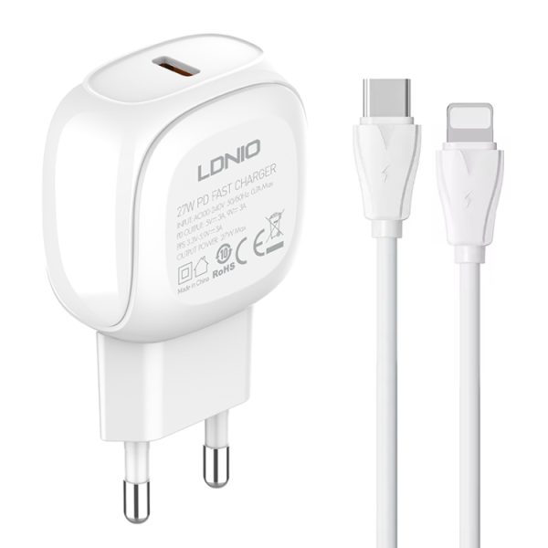 EDA006949801A-1.jpg LDNIO A1206C PD27W USB-C / Type-C Fast Charger with 1m 8 Pin Cable, EU Plug