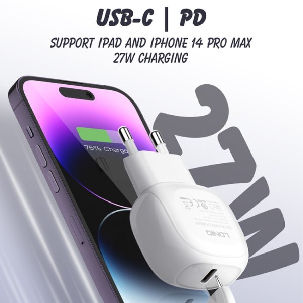 EDA006949801A_3.jpg LDNIO A1206C PD27W USB-C / Type-C Fast Charger with 1m 8 Pin Cable, EU Plug