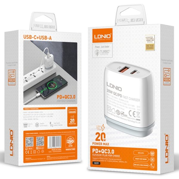 LDNIO Q229 QC3.0 / PD20W USB + Type-C Fast Charger with 1m USB to 8 Pin Cable...