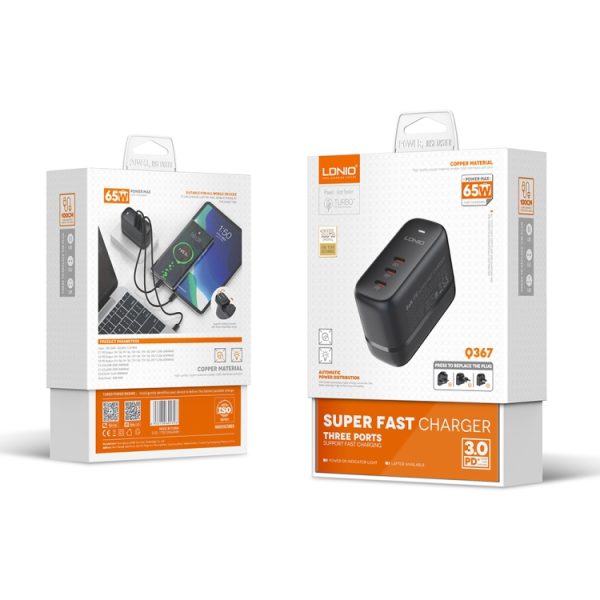 EDA0069600_B11.jpg LDNIO Q367 65W GaN 3 x USB-C / Type-C Interface Charger with 1m USB-C / Type-...