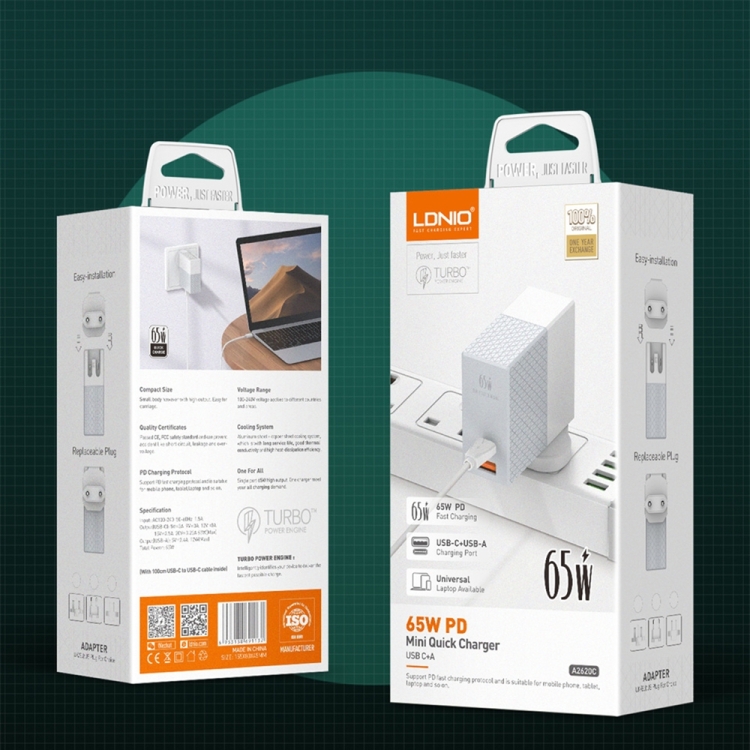 LDNIO A2620C PD3.0 65W USB Power Adapter Travel Charger with Type-C to Type-C Cable, EU Plug, US Plug, UK Plug 11 LDNIO A2620C PD3.0 65W USB Power Adapter Travel Charger with Type-C to Type-C Cable, EU Plug, US Plug, UK Plug - Image 11