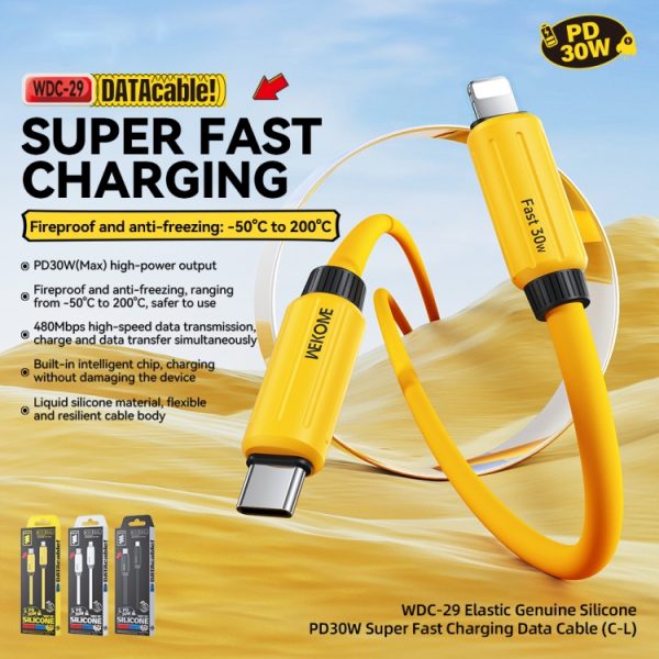 EDA0070726_B3.jpg WK WDC-29 Elastic Genuine Silicone 1m PD30W Type-C to 8 Pin Fast Charging Data Cable, WDC-29